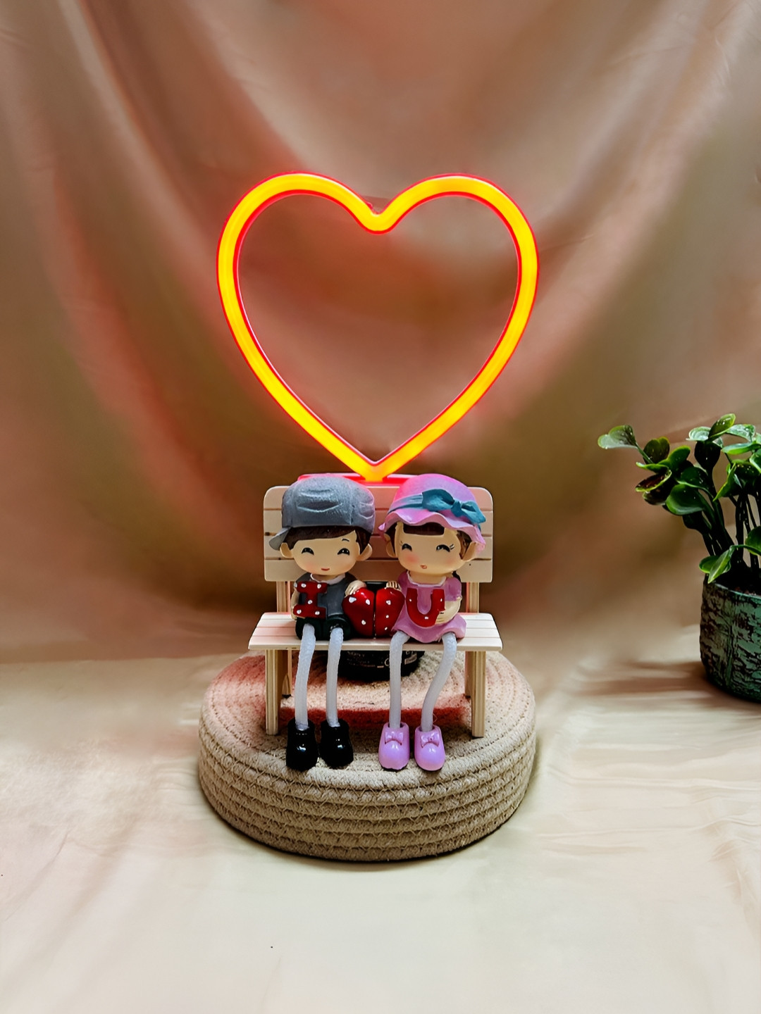 Giftii Love Bench and Heart Neon Lamp Red Polyresin Glossy Living Room Small Showpiece - 4.7 Inches