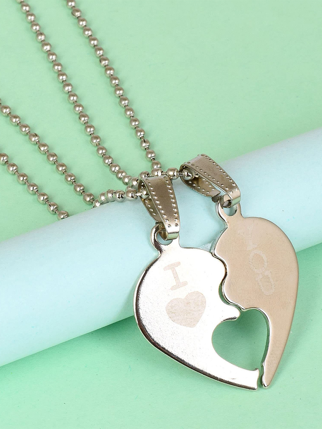 MEMOIR Set Of 2 Silver-Plated Half Heart Shaped Pendants With Chains