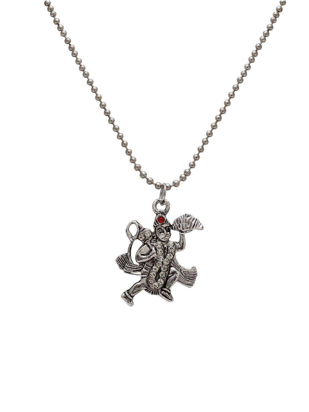MEMOIR Silver-Plated Artificial Stone Studded Bajrangbali Pendant with Chain