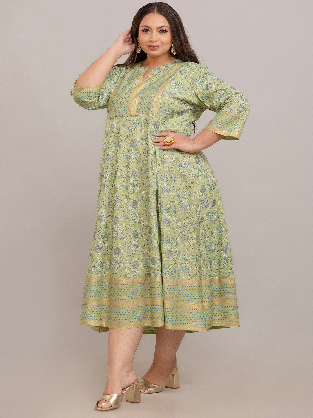 Fashion Zest Plusc Size Floral Printed Flared Sleeve A-Line Midi Dress