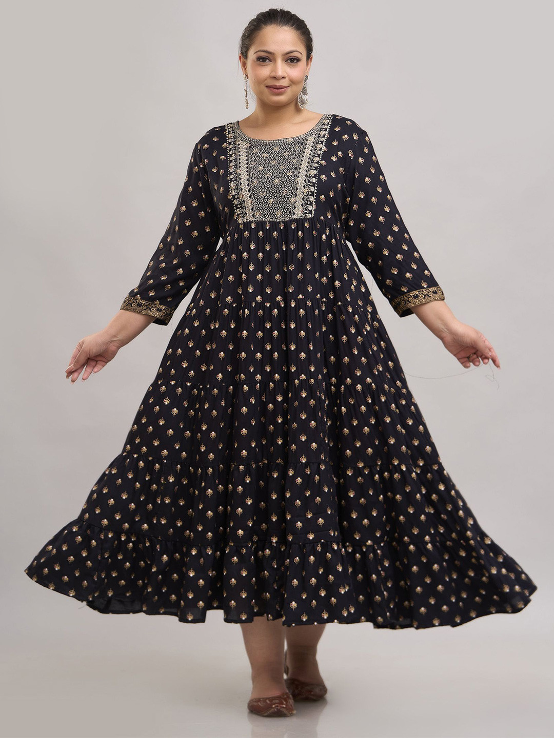 Fashion Zest Women Plusc Size Floral Printed Gathered  Gown  Dress