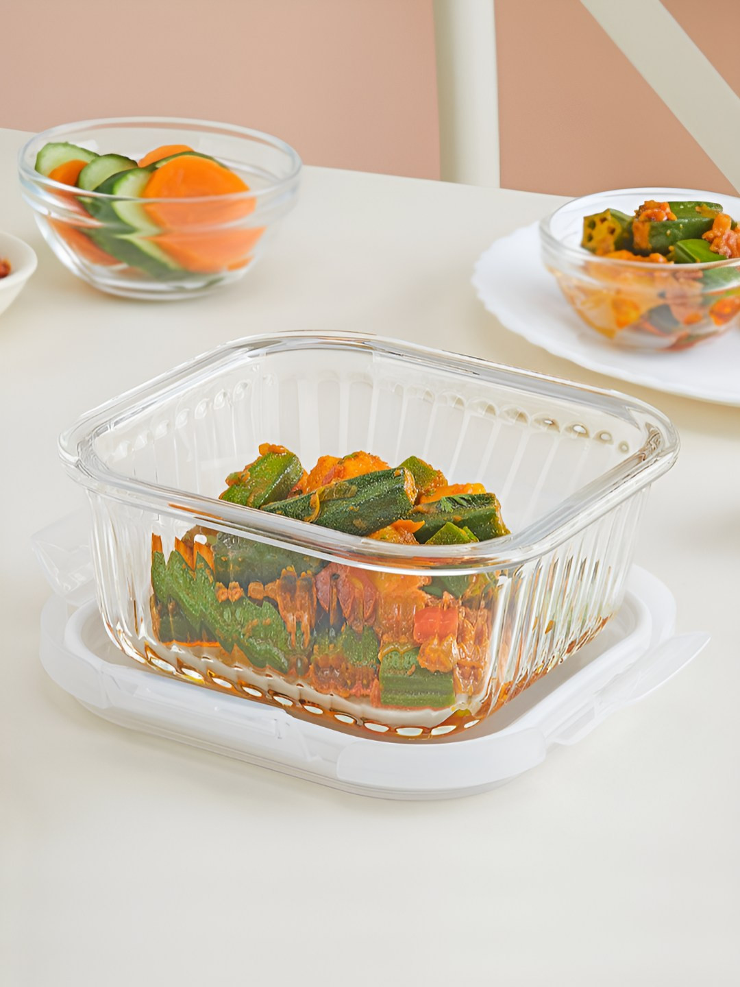 Borosil Fluted Klip N Store Transparent Borosilicate Glass Dishwasher Safe Clip-On Fridge Container-520ml