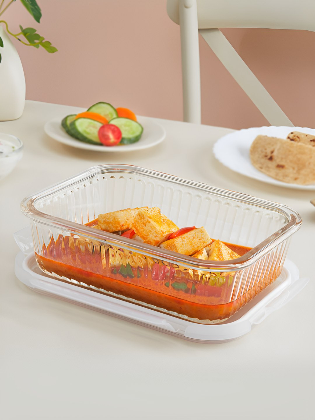 Borosil Fluted Transparent Borosilicate Glass Dishwasher Safe Clip-On Canister-1.05L