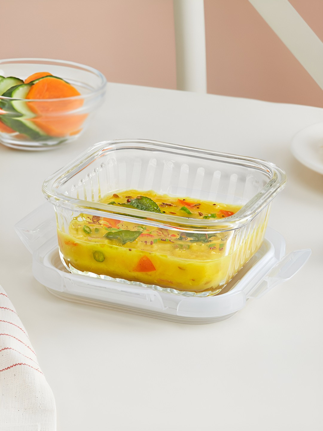 Borosil Fluted Klip N Store Transparent Borosilicate Glass Air Tight Clip-On Fridge Container-320ml