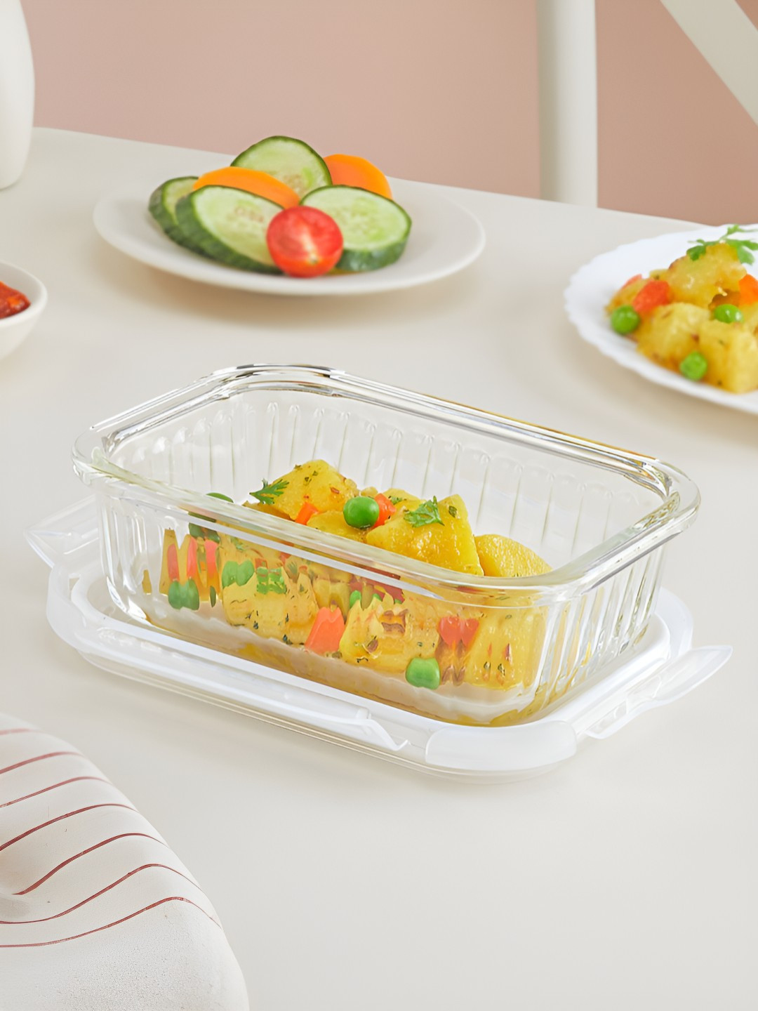 Borosil Fluted Klip N Store Transparent Striped Borosilicate Glass Dishwasher Safe Clip-On Canister-370ml