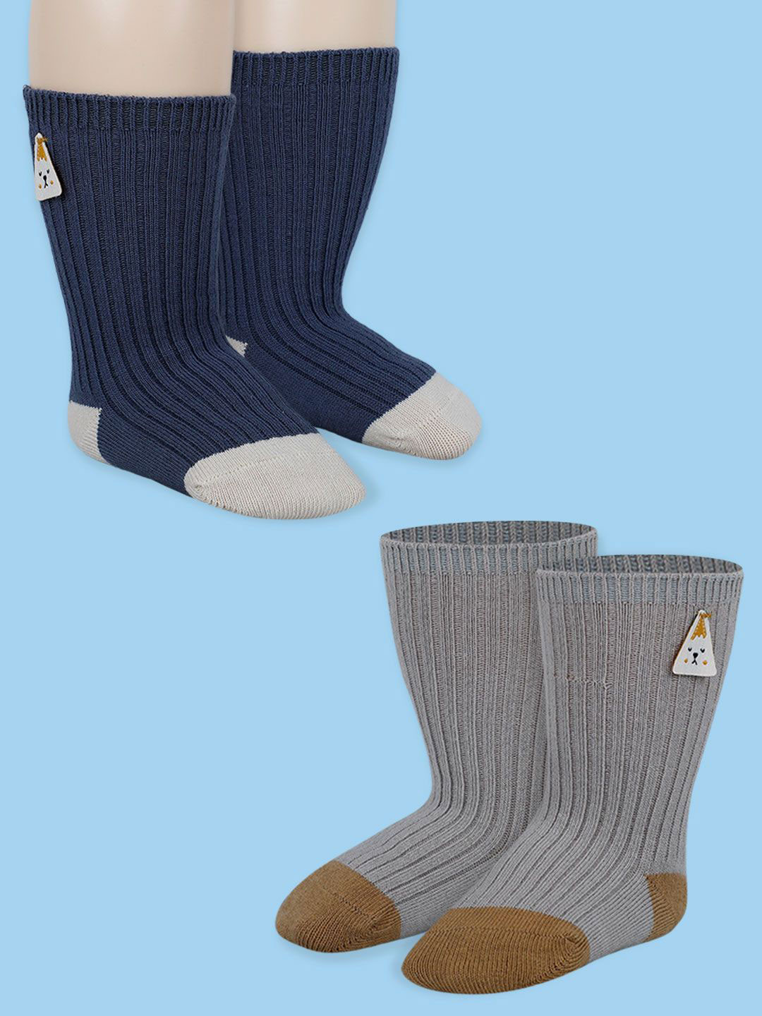 Baby Moo Boys Pack of 2 Animal Applique Ribbed Soft Colourblocked Cotton Socks