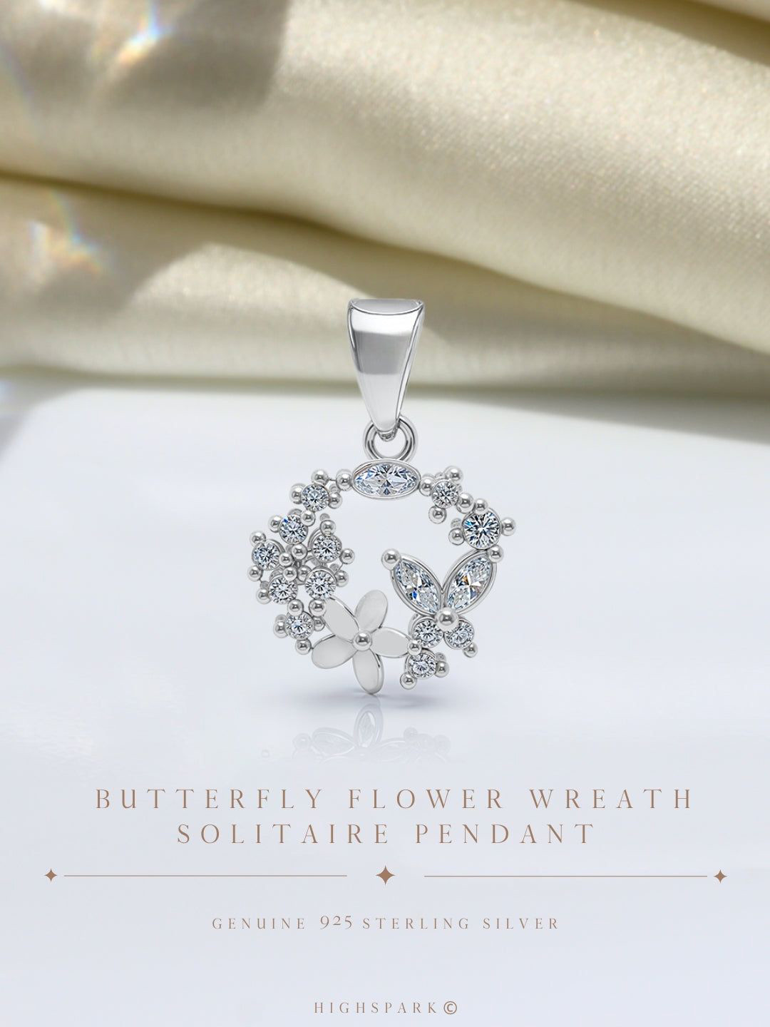 HighSpark 925 Sterling Silver Butterfly Flower Wreath Solitaire Pendants