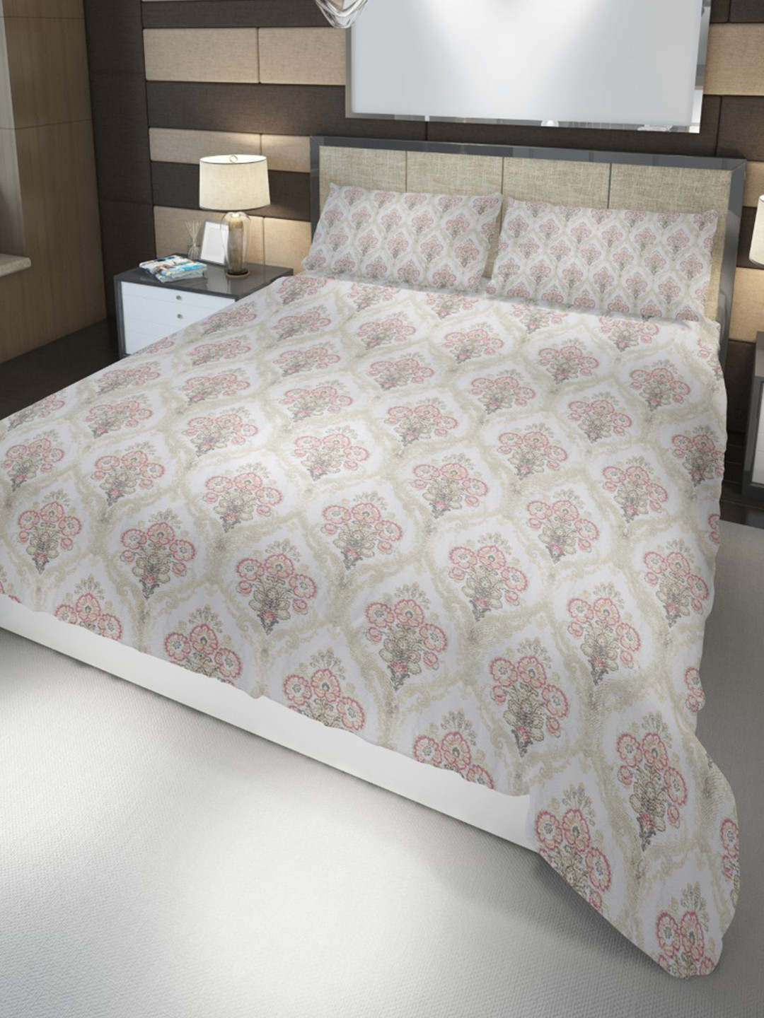 HOME PLUS STUDIOS Gold Floral Cotton 160 TC King Bedsheet with 2 Pillow Covers-108 x 108 inches