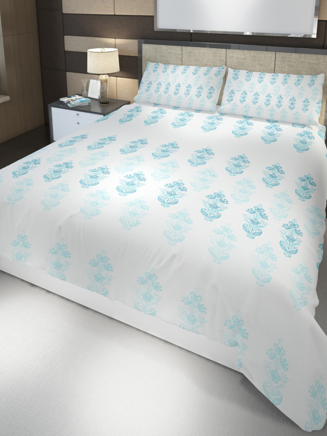 HOME PLUS STUDIOS Blue Floral Cotton 160 TC King Bedsheet with 2 Pillow Covers-274 x 274 cm