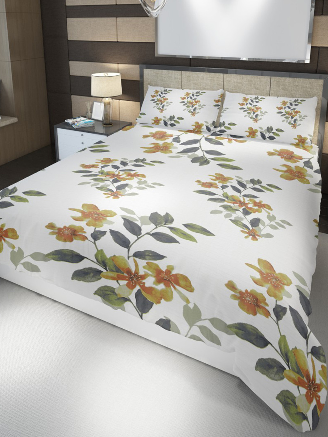 HOME PLUS STUDIOS Raymond Gold Floral Cotton 160 TC King Bedsheet with 2 Pillow Covers-108 x 108 inches