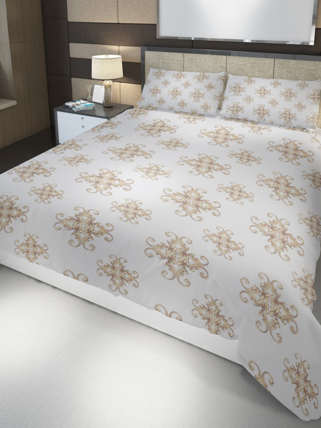 HOME PLUS STUDIOS Raymond Gold Ethnic Motifs Cotton 160 TC King Bedsheet with 2 Pillow Covers-87 x 93 inches