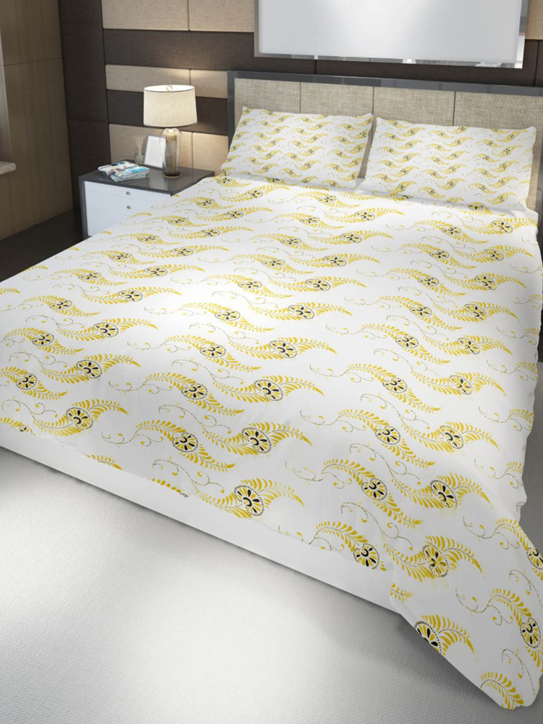 HOME PLUS STUDIOS Raymond Gold Floral Cotton 160 TC King Bedsheet with 2 Pillow Covers-108 x 108 inches