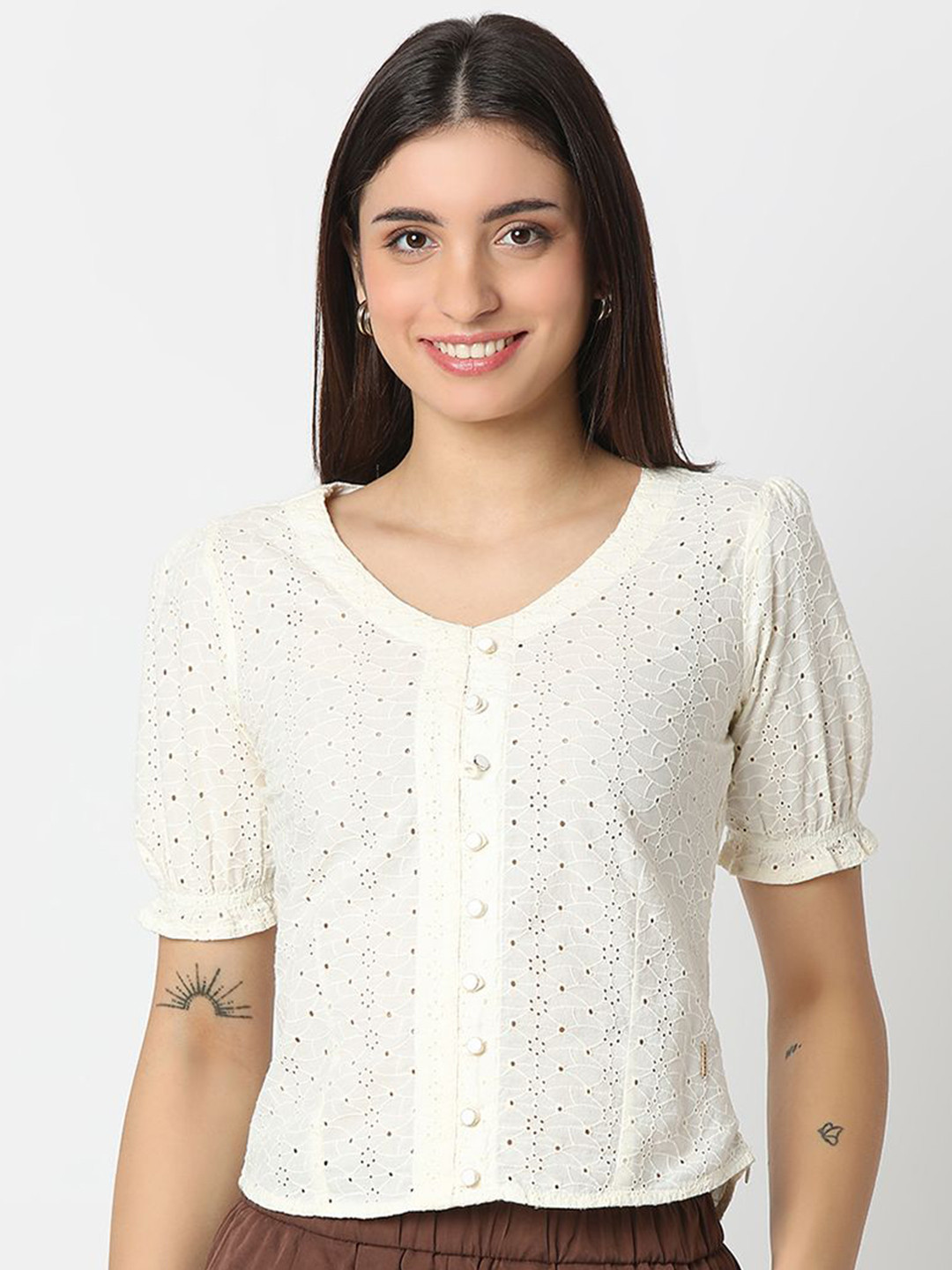 SPYKAR Women Self Design Half Sleeve Cotton Top