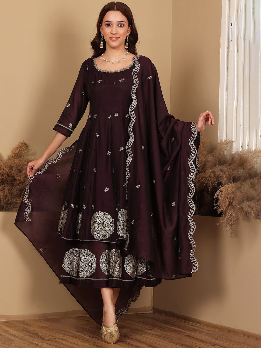 W Floral Printed Dori Embroidered Chanderi Flared Kurta And Churidar With Dupatta