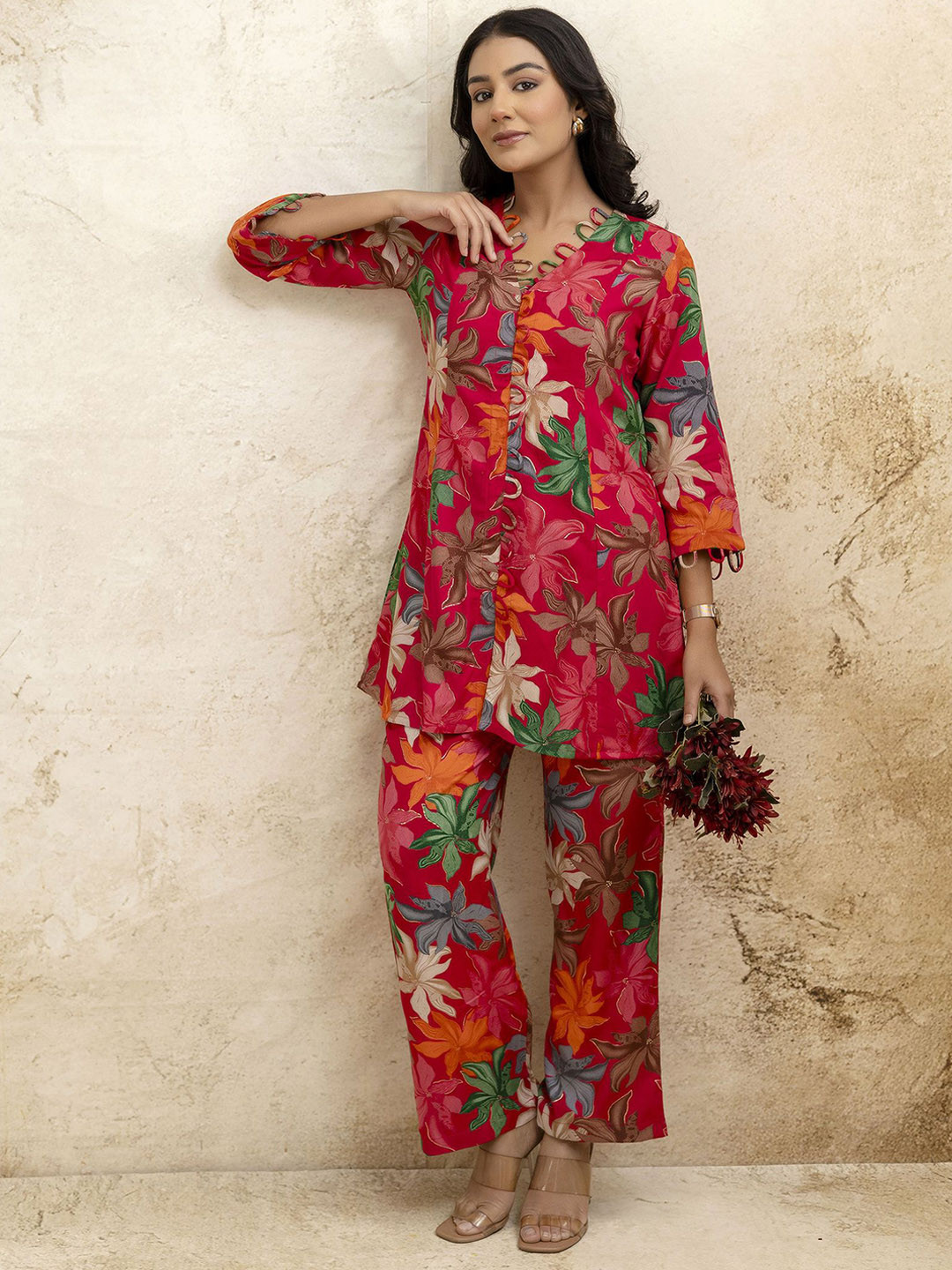 mokshi Red V-Neck Floral Printed V-Neck Tunic With Trousers