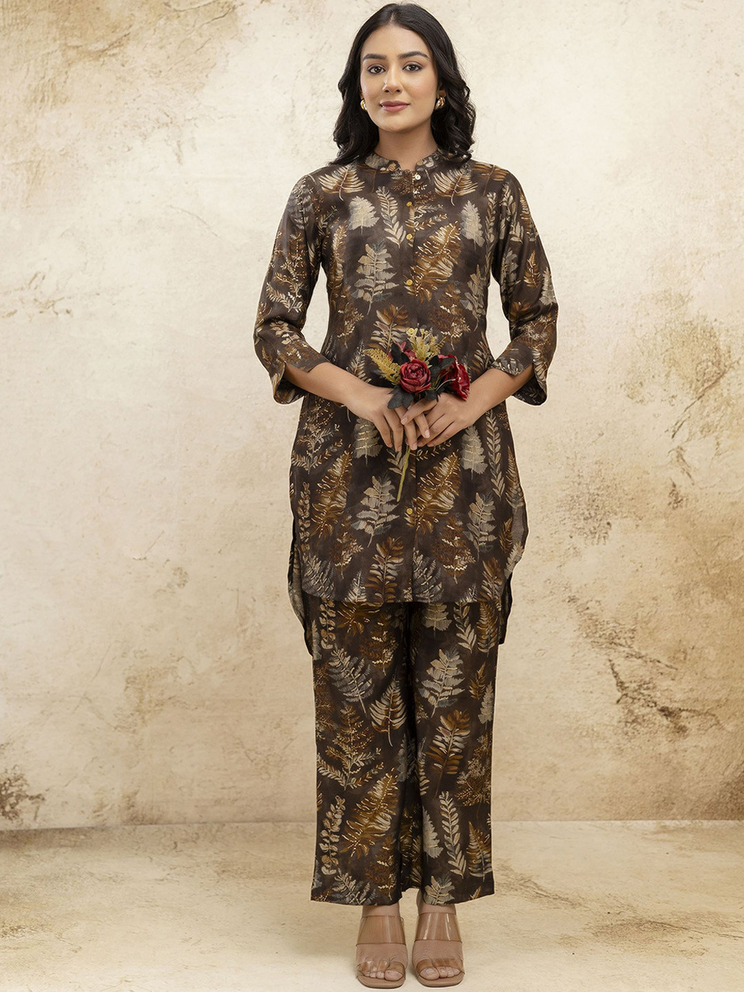 mokshi Brown Tropical Printed Mandarin Collar Tunic With Trouser