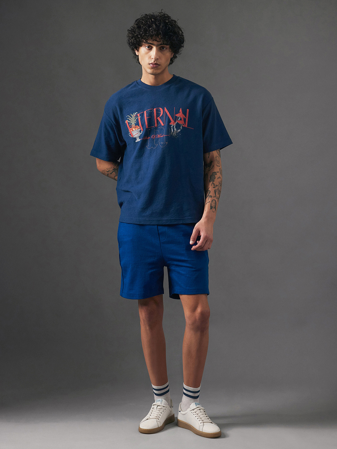 RARE RABBIT Men Kelor Primary Blue Mid-Rise Regular Fit Cotton Shorts