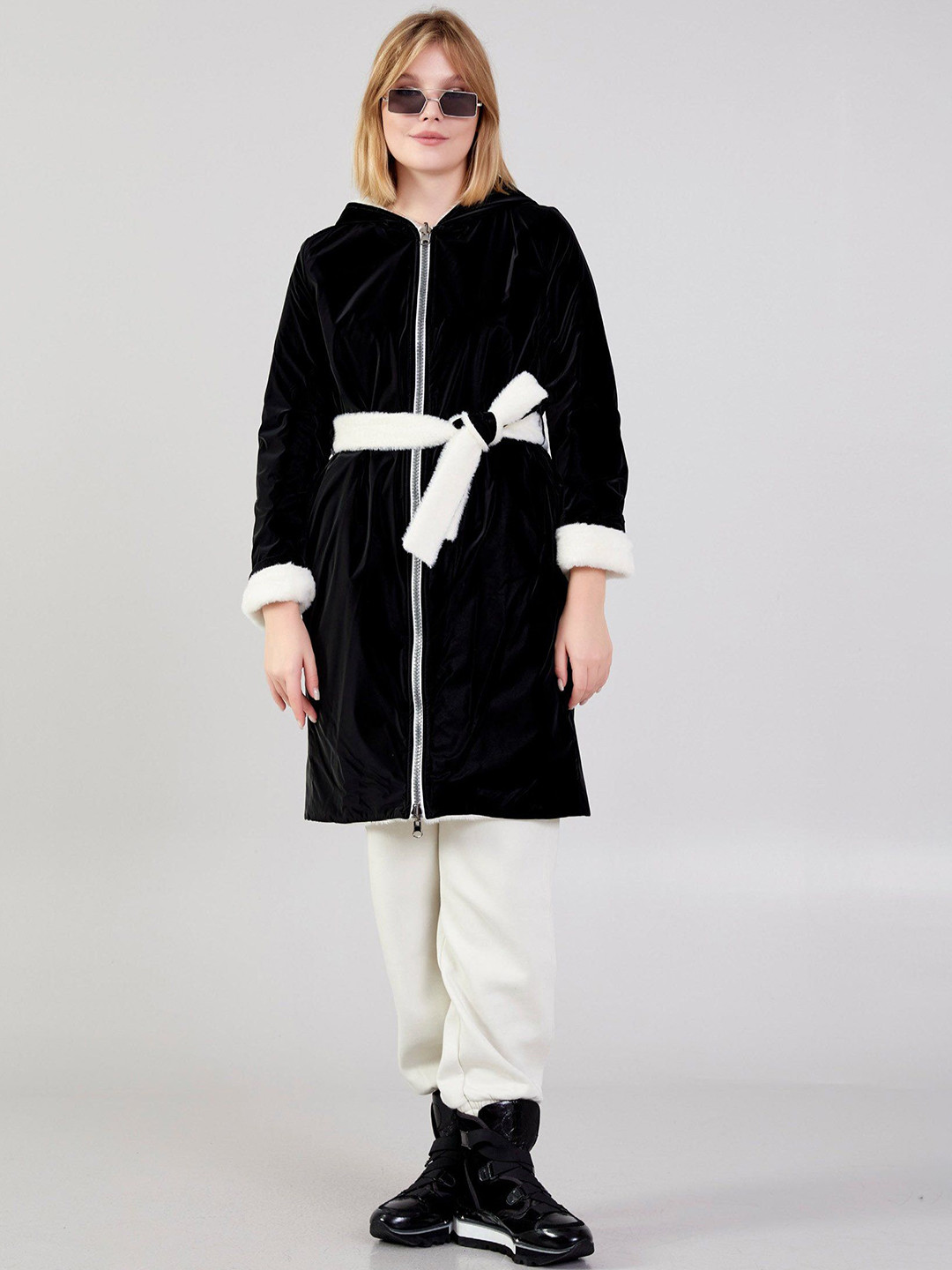 Fashion Gaiia Women Trench Coat Hooded Long Zipper Tie-Ups Coat