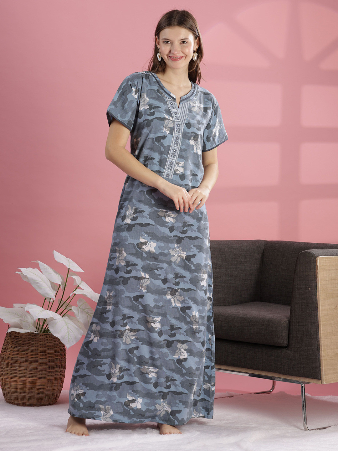 9shines Label A Line Grey Yoke Neck with Pocket Designer Nightgown