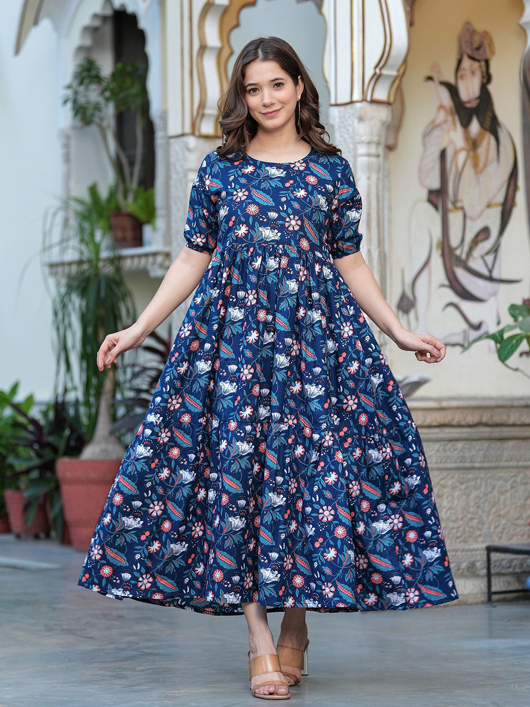 SHOPAXIS Women Floral Printed Puff Sleeve Pure Cotton Fit & Flare Maxi Dress