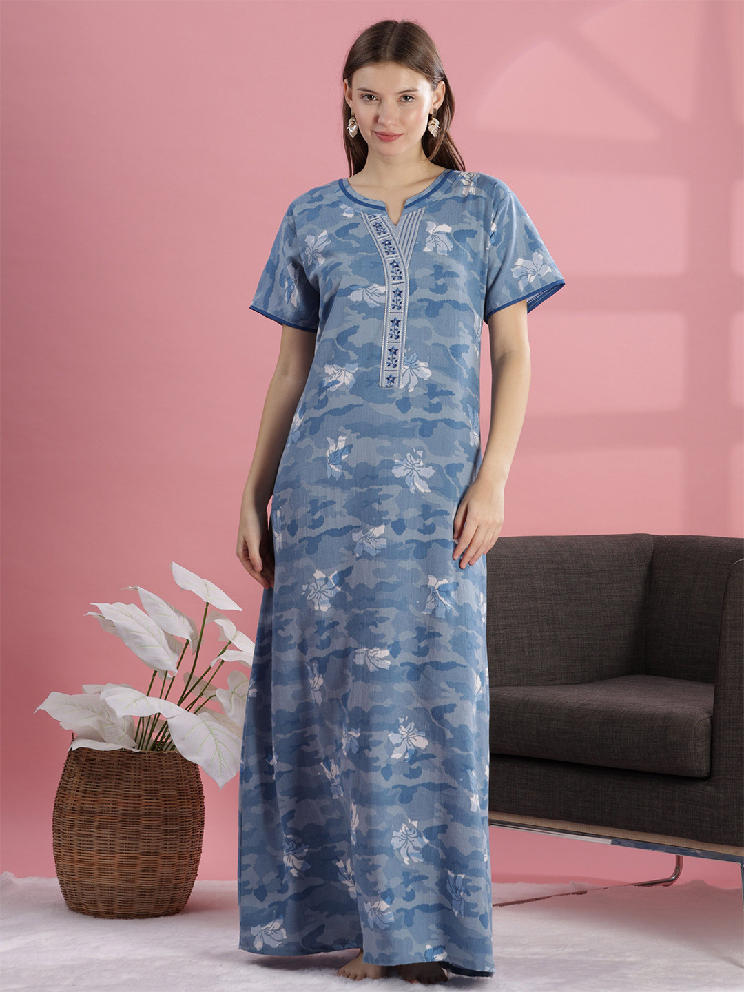 9shines Label A Line Blue Yoke Neck with Pocket Designer Nightgown