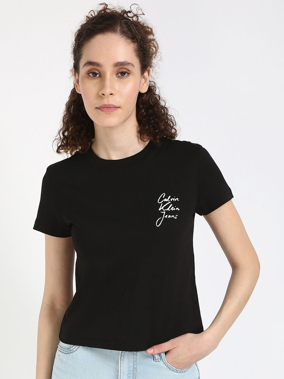 Calvin Klein Jeans Women SCRIPT INSTITUTIONAL Typography Printed Round Neck Cotton T-shirt
