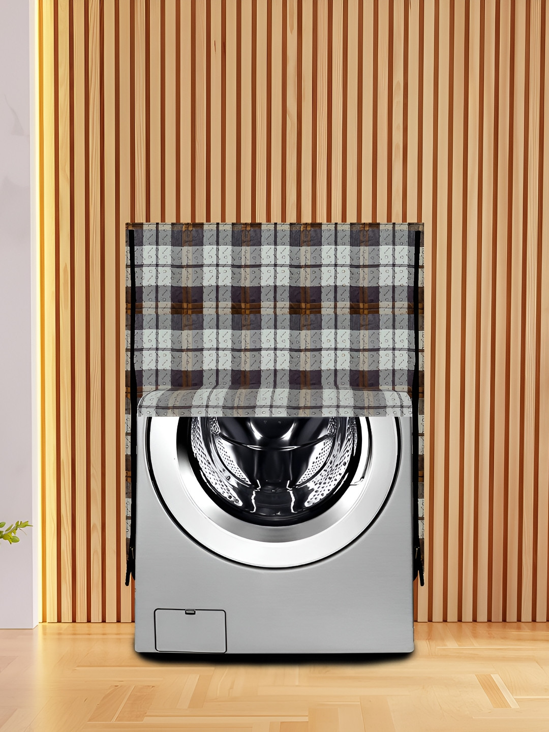 KANUSHI INDUSTRIES Brown & Grey Checked Printed Front Load Automatic Washing Machine Cover