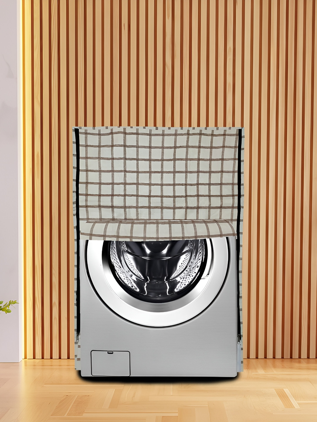 KANUSHI INDUSTRIES Beige Checked Printed Front Load Automatic Washing Machine Cover