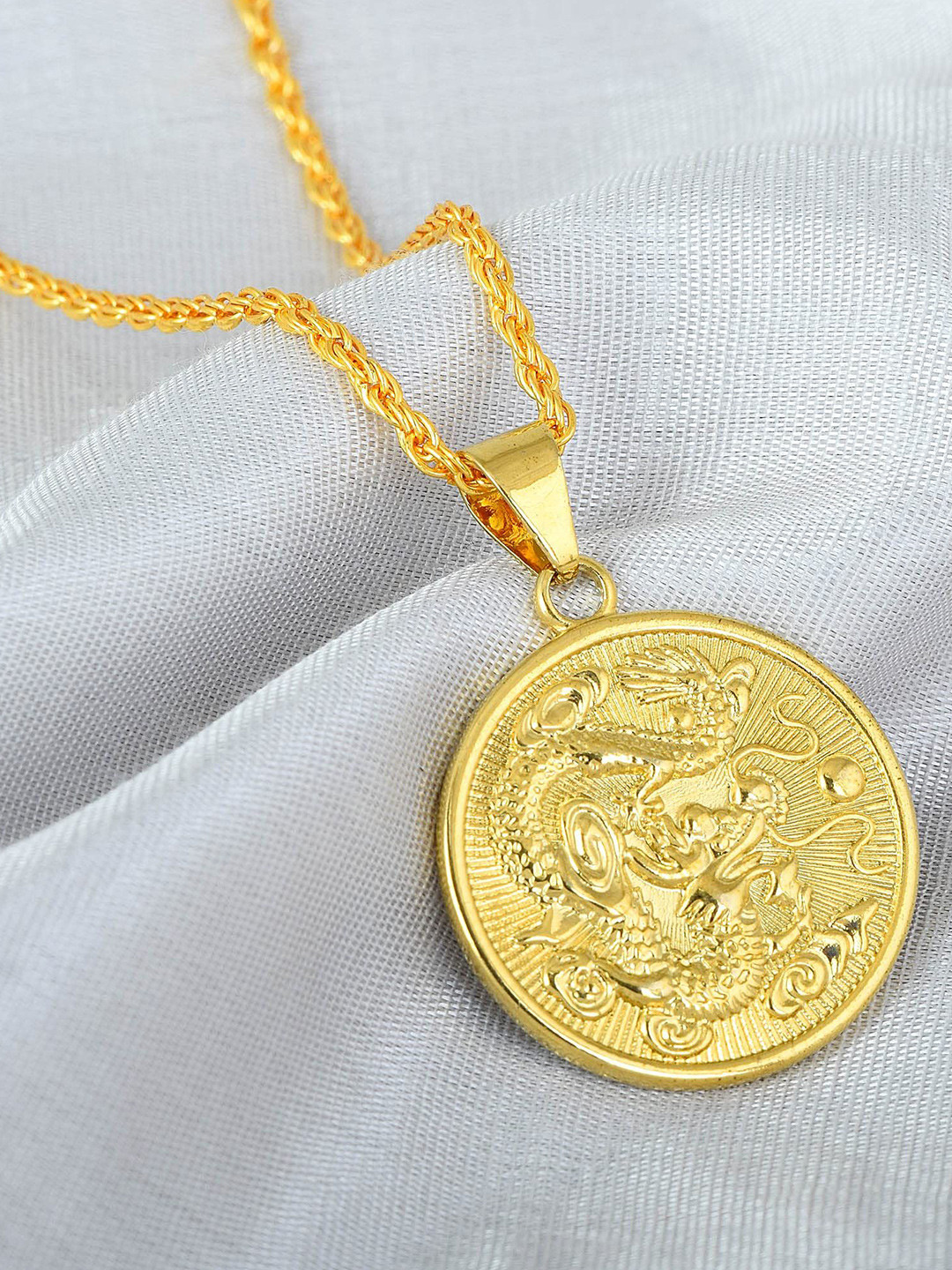 MEMOIR Gold-Plated Dragon Detail Circular Pendants With Chain
