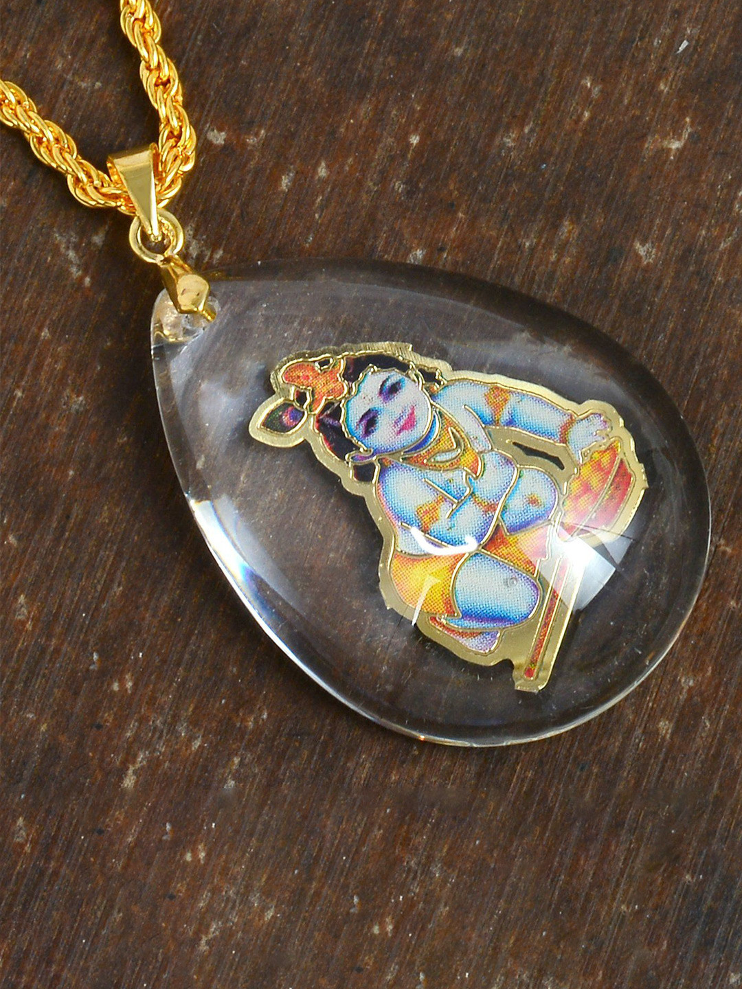 MEMOIR Gold-Plated Krishna In Pear-drop shape crystal Pendant With Chain