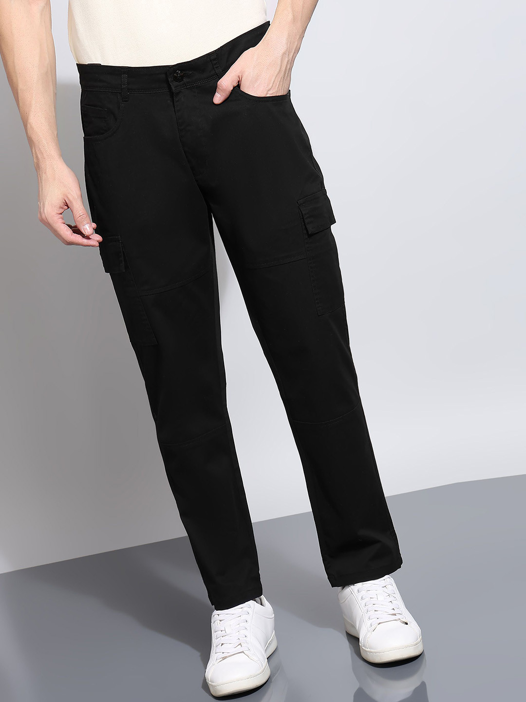 AFLASH Men Clean Look Relaxed Fit Mid-Rise Cotton Cargos Jeans