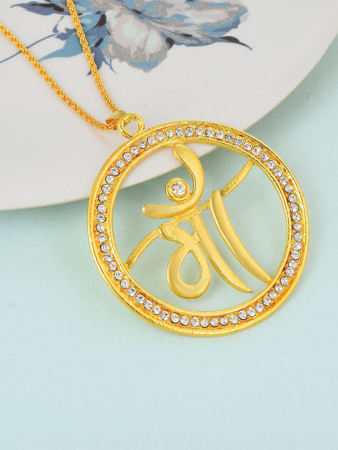 MEMOIR Unisex Gold-Plated Imitation Diamond Studded Circular Charm Pendant With Chain