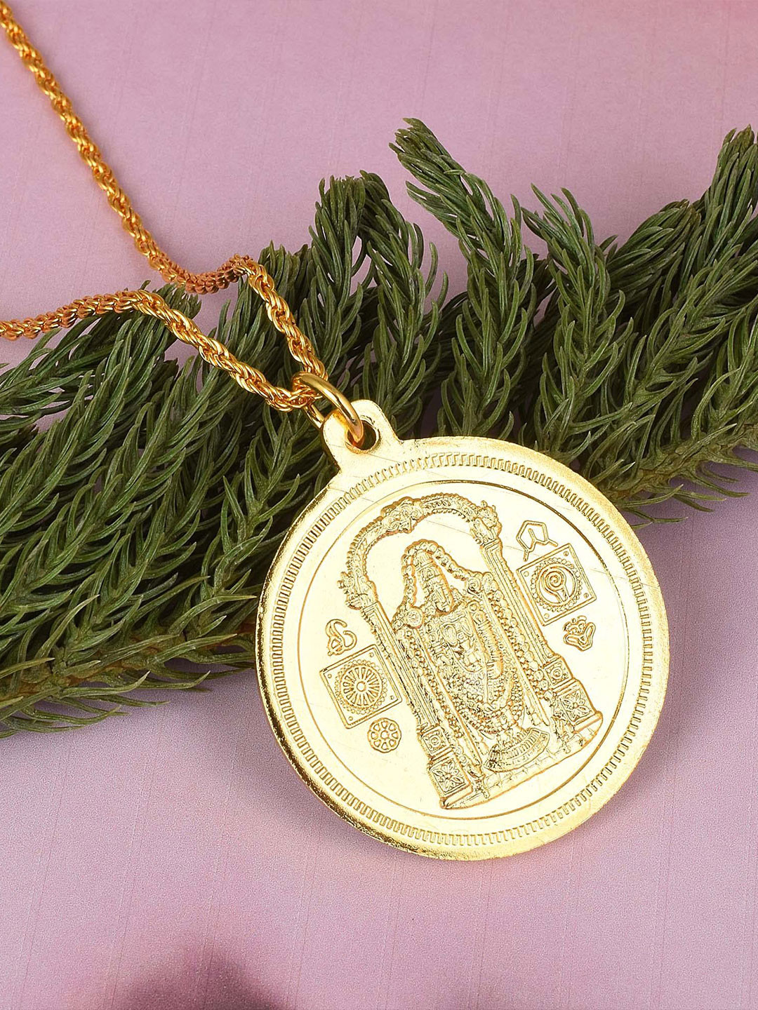 MEMOIR Unisex 22 KT Gold-Plated Lord Tirupati Balaji & Ganesha Circular Pendant With Chain
