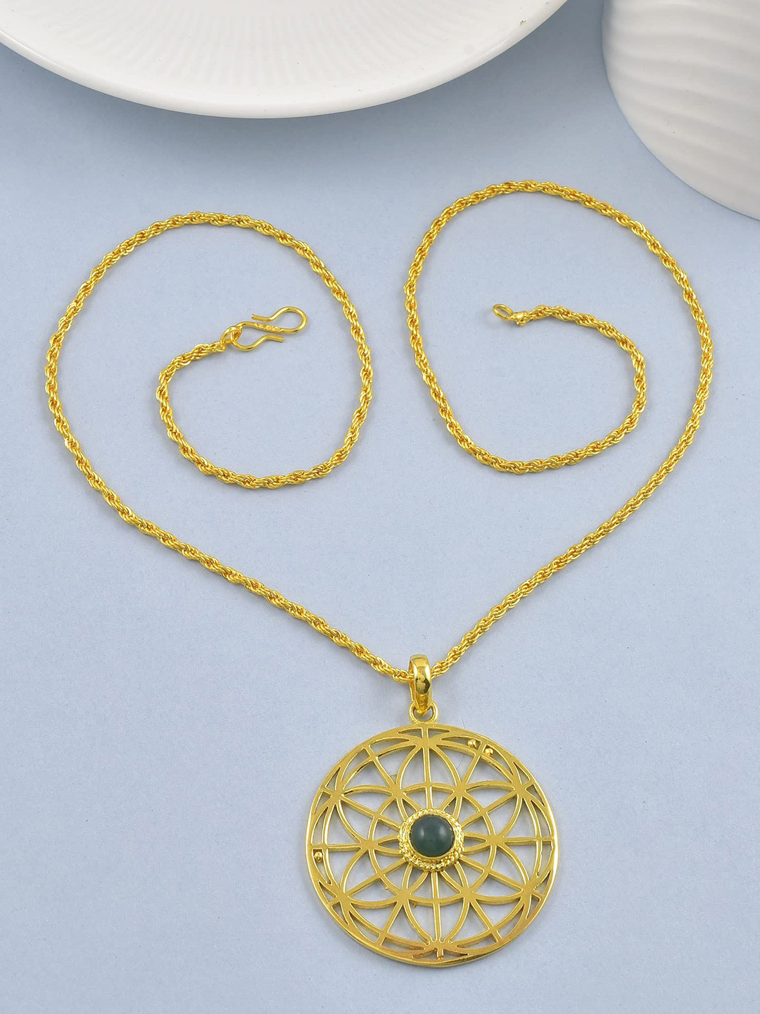 MEMOIR Unisex Gold-Plated Emerald Studded Circular Charm Pendant With Chain