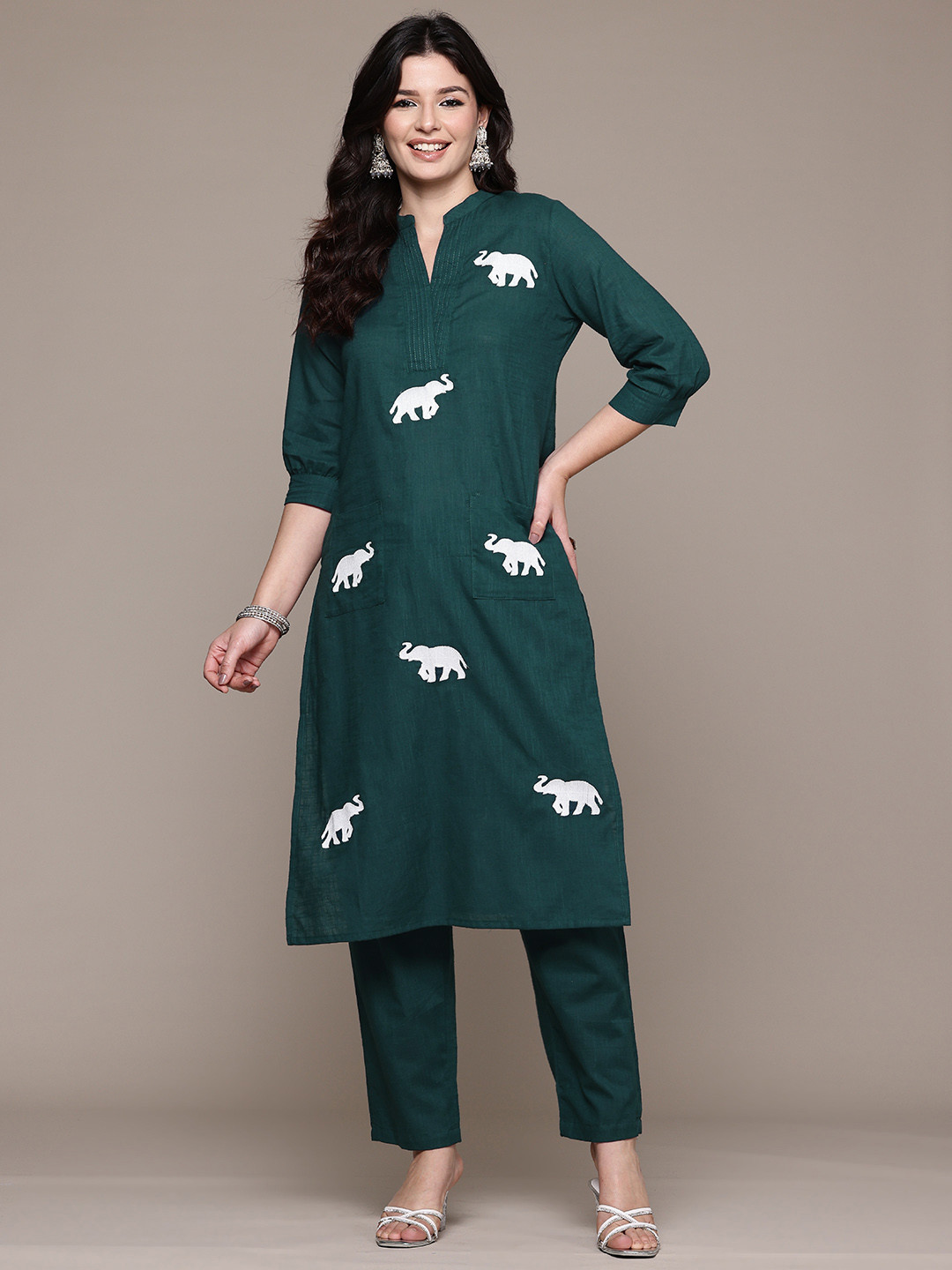 Readiprint Animal Embroidered Thread Work Pure Cotton Kurta with Trousers