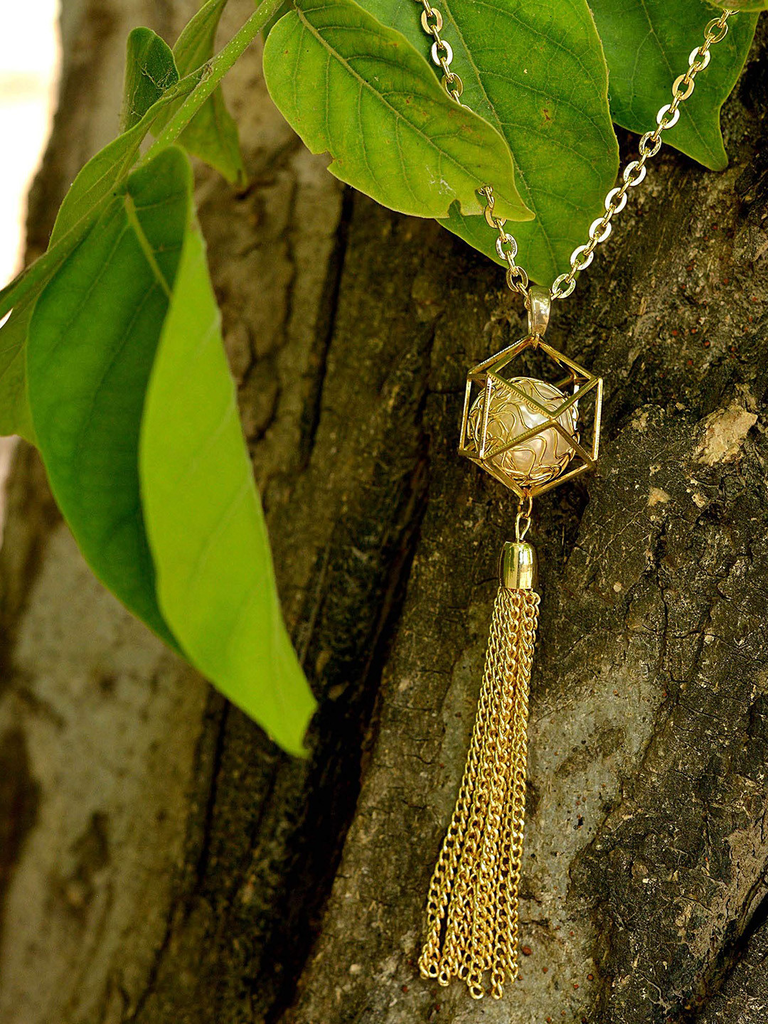 MEMOIR Unisex Gold Plated Pearls Ball In Hexagon Cage Pendant With Chain
