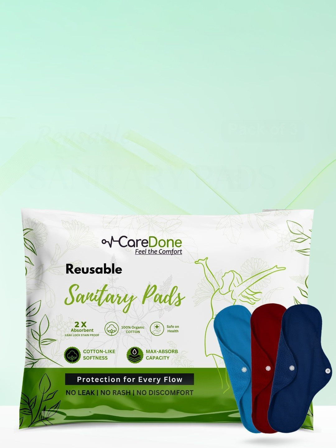 CareDone Washable & Reusable Super Absorbent Extra Large Sanitary Cloth Pads - 3-Pcs