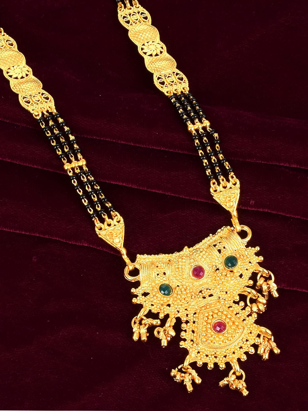 MEMOIR Gold-Plated Emerald Ruby Studded & Beaded Mangalsutra