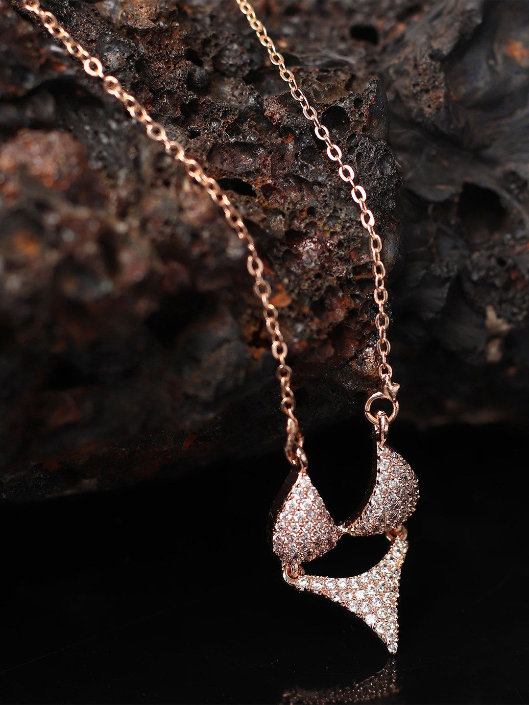 RHOSYN Rose Gold-Plated American Diamond Studded Bra Panty Charm Pendant With Chain