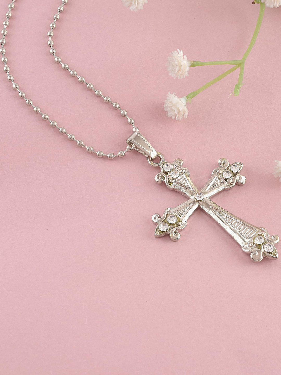 MEMOIR Unisex Silver-Plated Stones Studded Holy Cross Pendant With Chain
