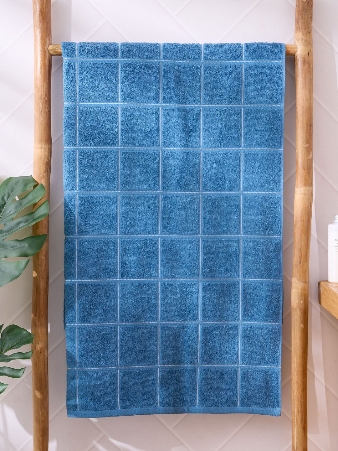 Home Centre Mekong Blue Checked Printed Cotton 400 GSM Bath Towel