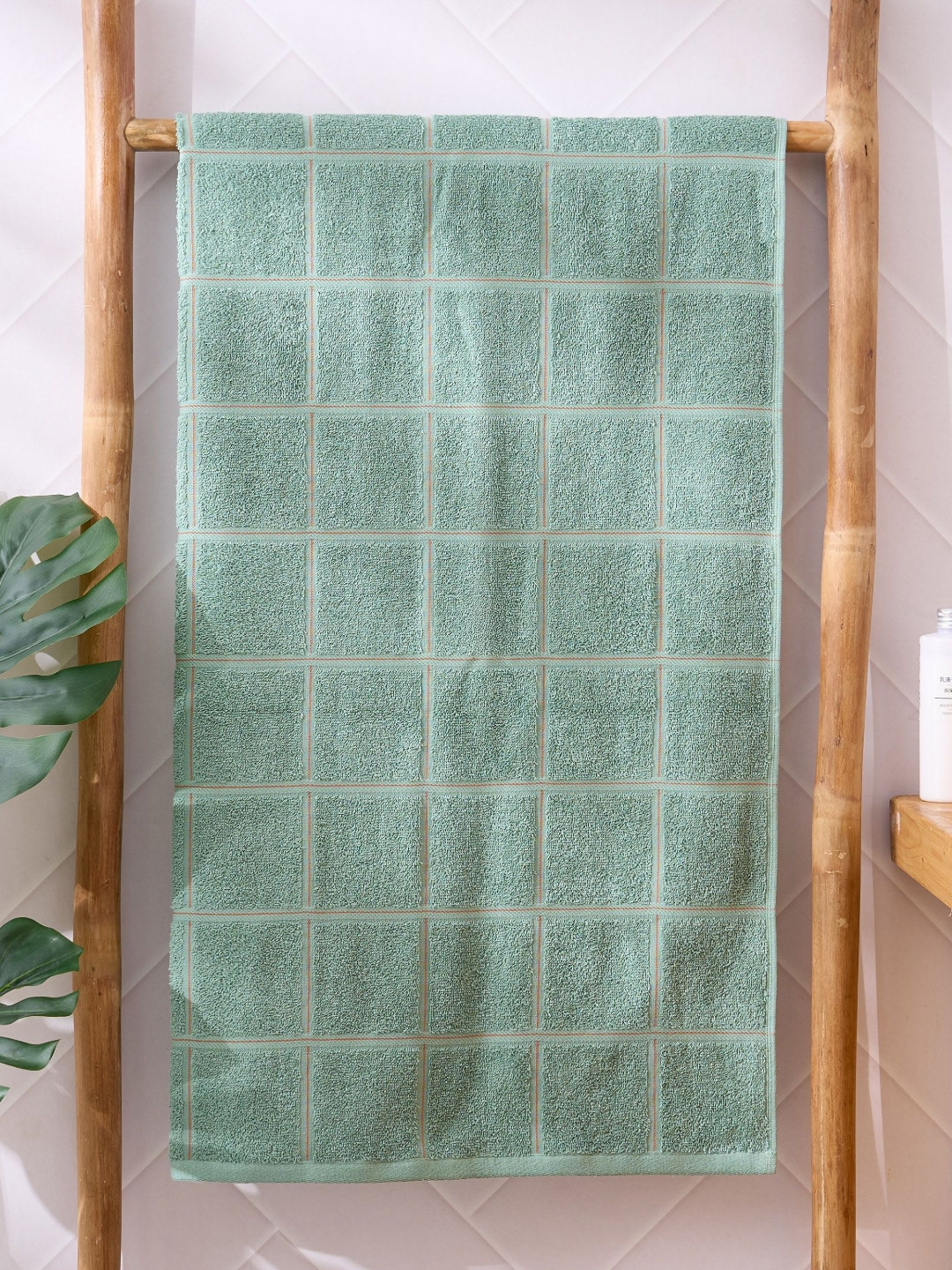 Home Centre Mekong Green Checked Printed Cotton 400 GSM Bath Towel