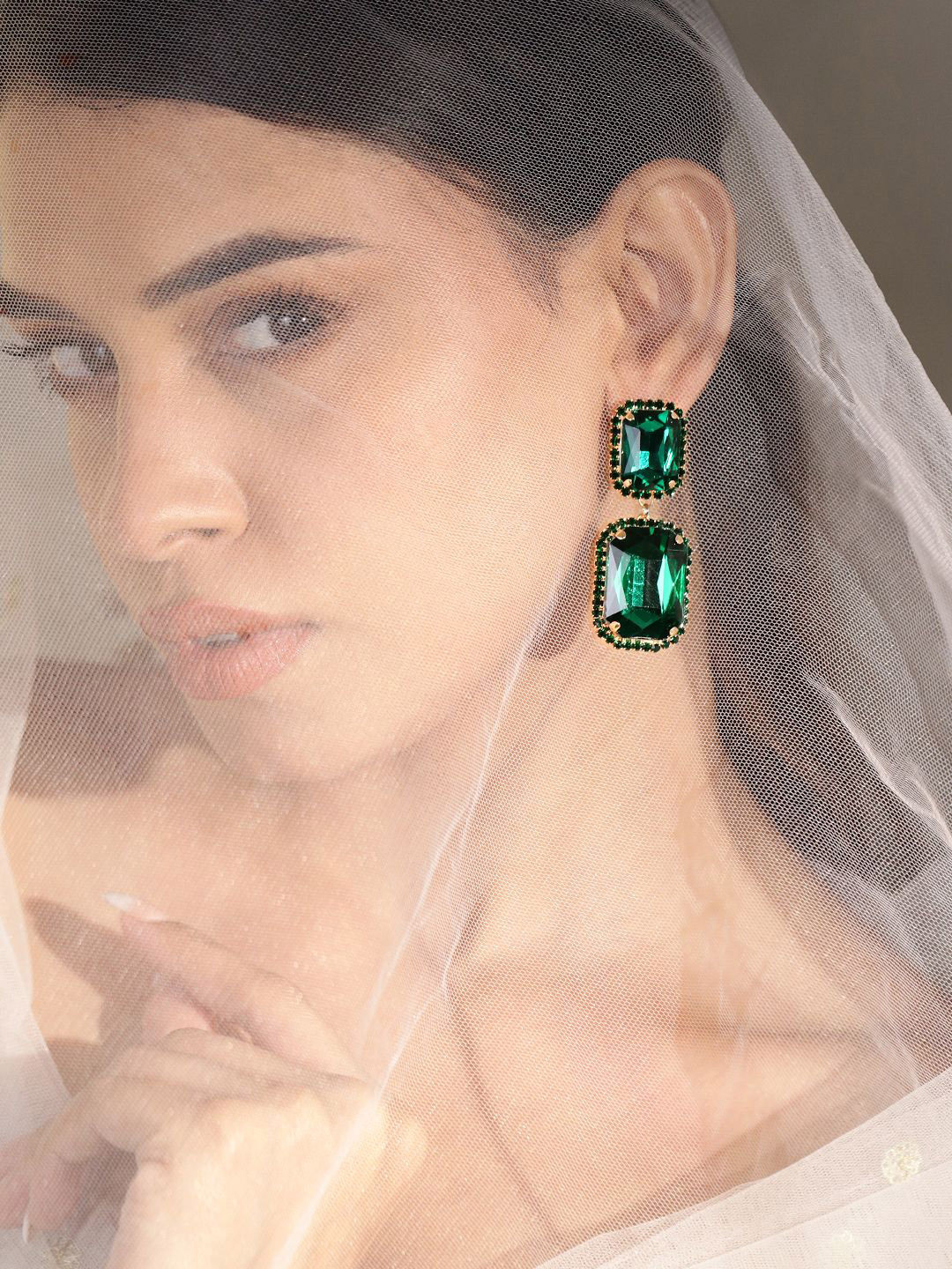 Rubans 18K Gold-Plated Emerald Cut Crystal Stone Studded Square Shaped Drop Earrings
