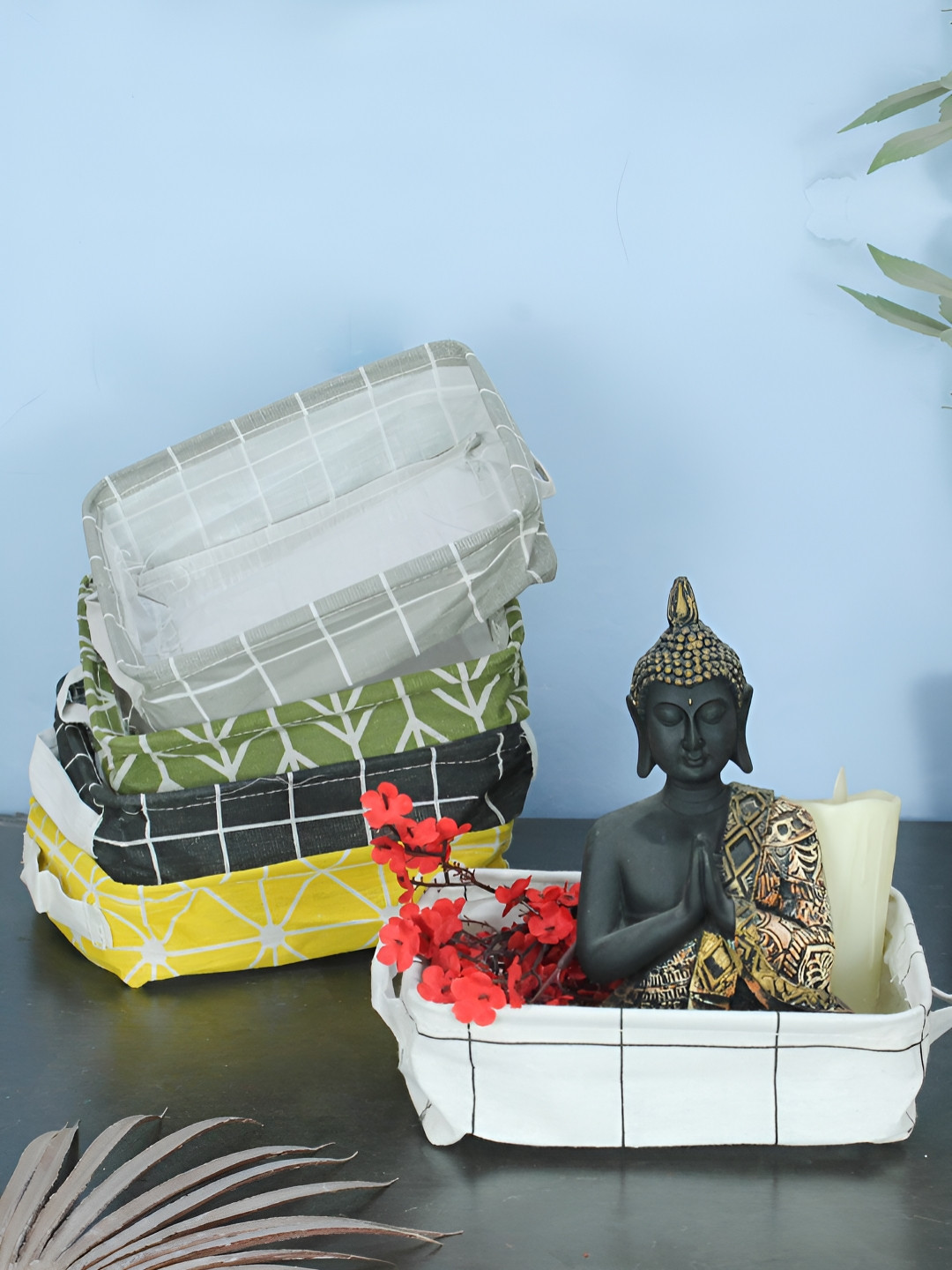 TIED RIBBONS Grey 5 Pieces Checked Printed Wardrobe Drawer Organisers