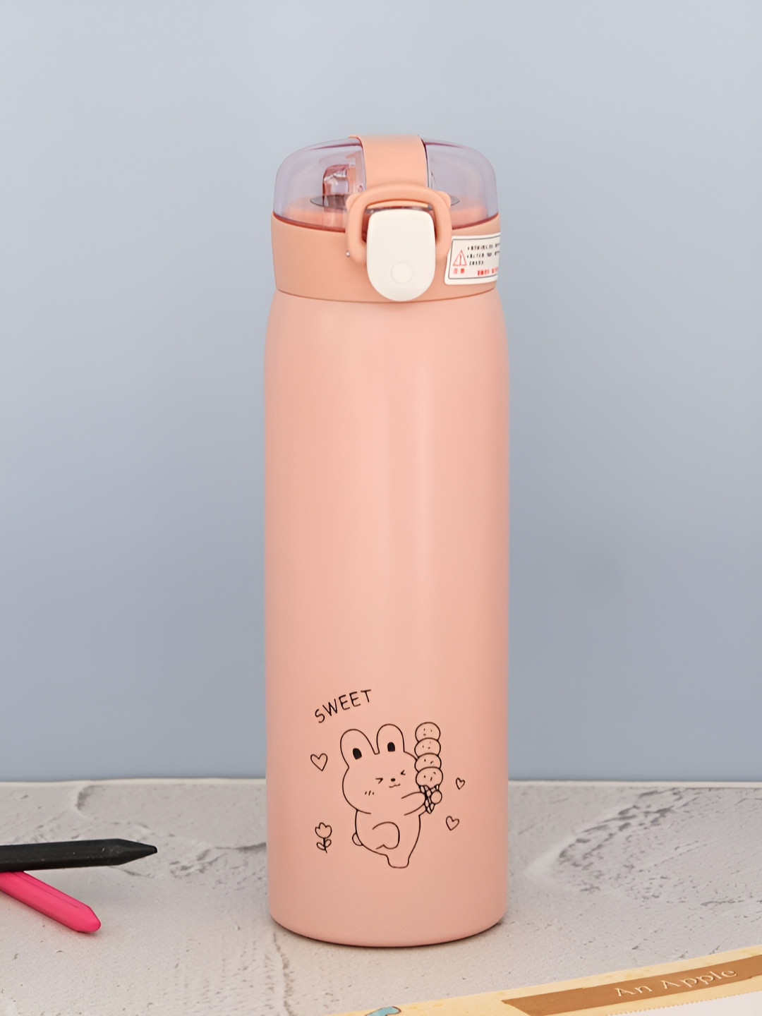 Yellow Bee Pink Stainless Steel Cartoon Characters Printed Flask Water Bottle-500 ml