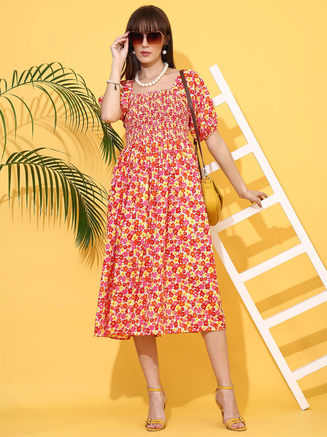 SHEETAL Associates Women Smoked Square Neck Floral Printed Fit & Flare Midi Dress