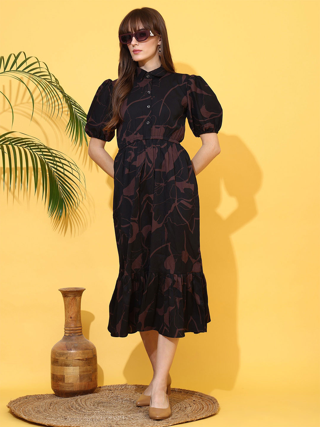 SHEETAL Associates Women Shirt Collar Floral Printed Puff Sleeve Fit & Flare Midi Dress