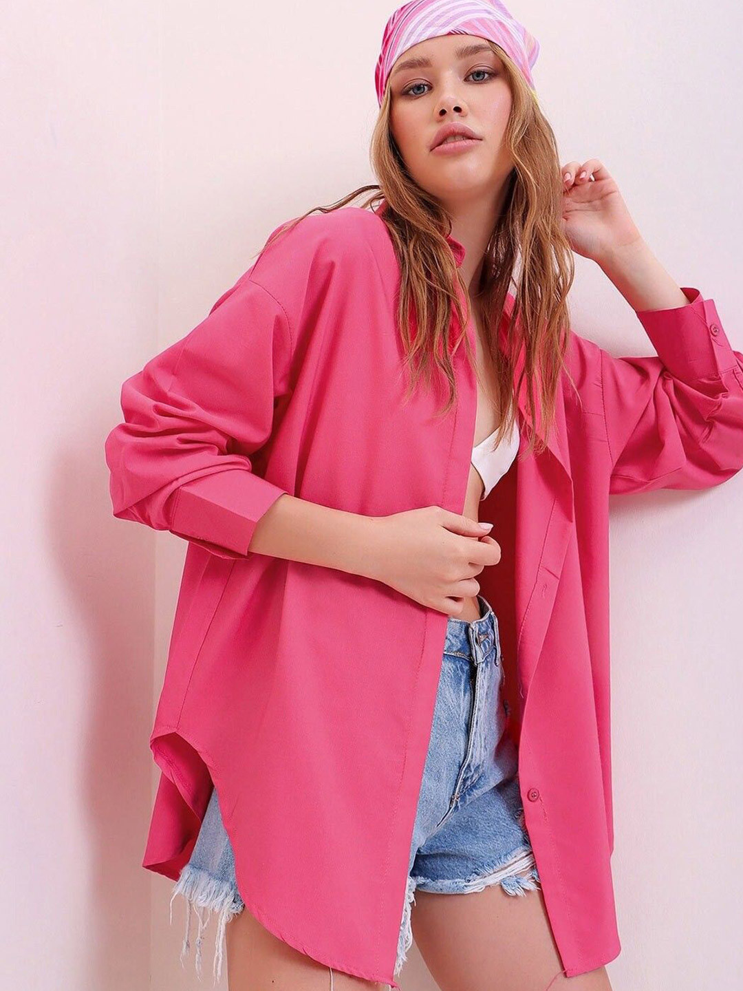 WHY SO FAB Women Comfort Oversized Fit Spread Collar Solid Cotton Casual Shirt