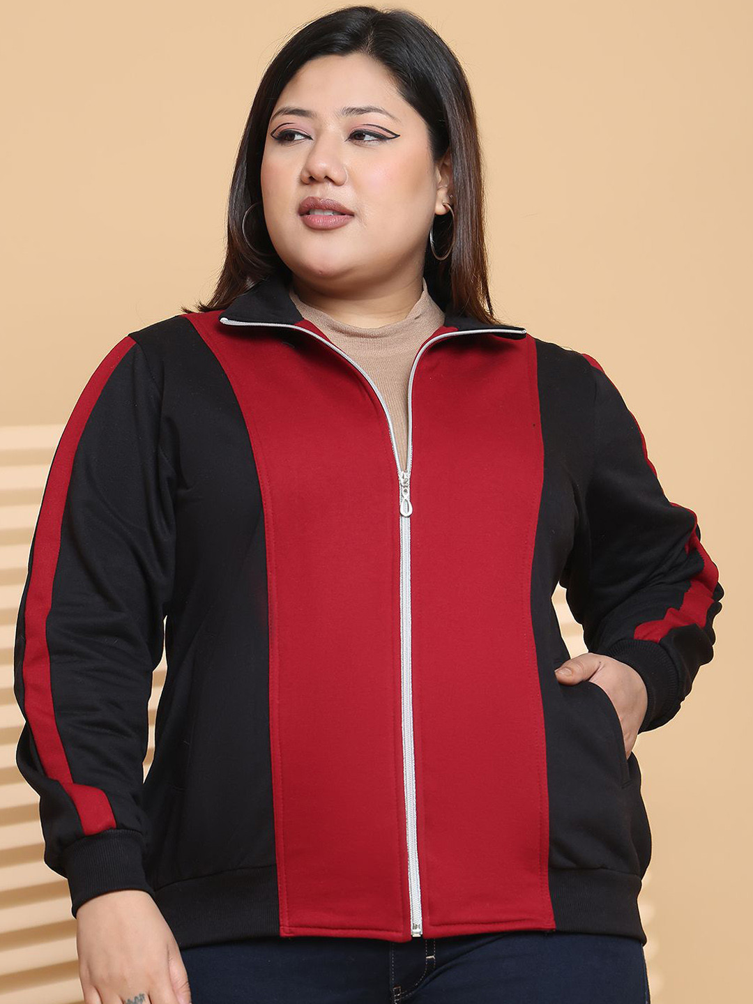 theRebelinme Women Plus Size Mock Collar Colourblocked Fleece Casual Bomber Jacket