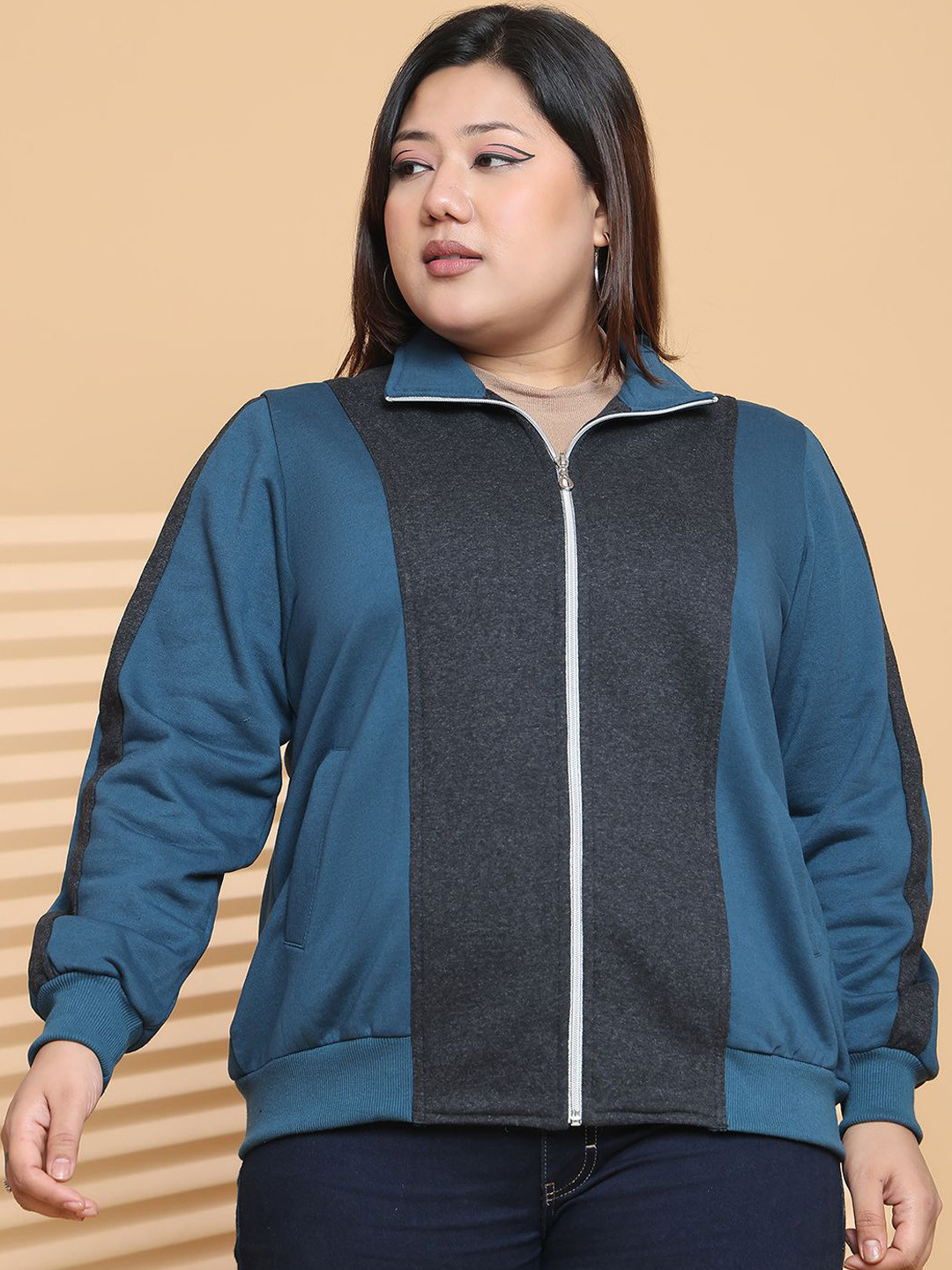 theRebelinme Women Mock Collar Colourblocked Fleece Casual Plus Size Bomber Jacket